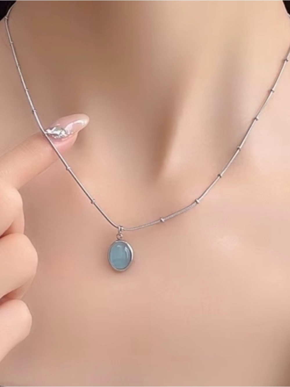 Silver Necklace with Blue Oval Pendant